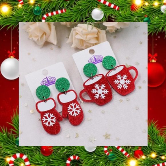 🍏50% OFF/3+...Glittering Acrylic Mitten/Mug Dangle Christmas Earrings - Picture 1 of 7
